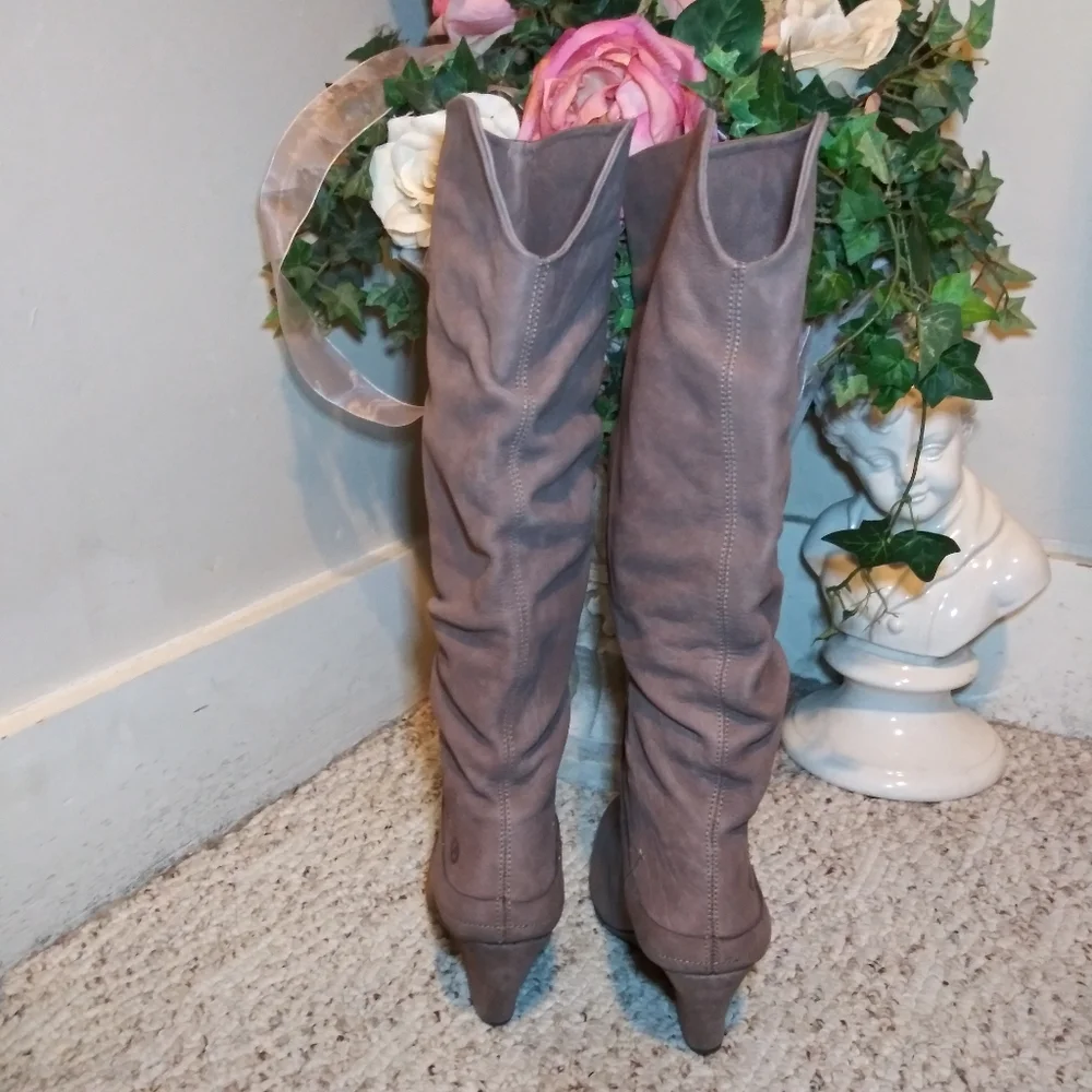 Bronx Knee High Brown Wedge Scrunchy Leather Pull-On Boots - Picture 3 of 8